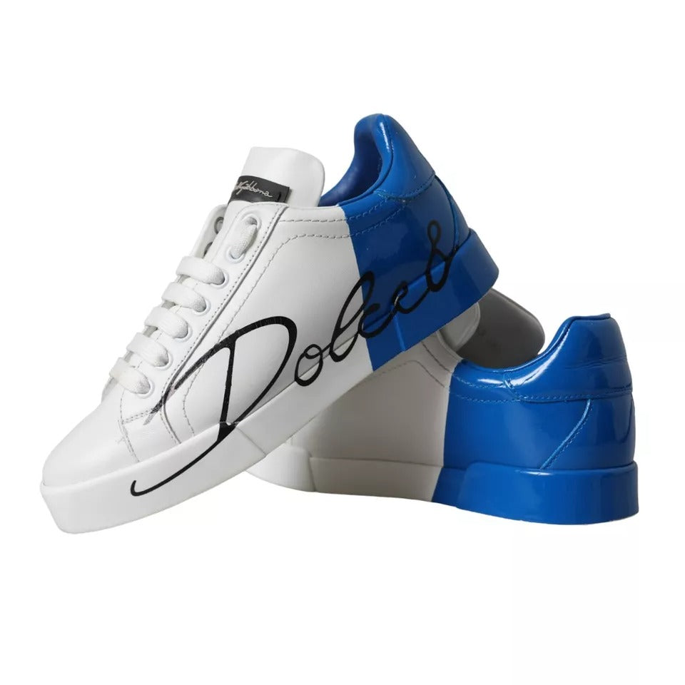 Dolce & Gabbana White Blue Portofino Low Top Leather Sneakers Shoes