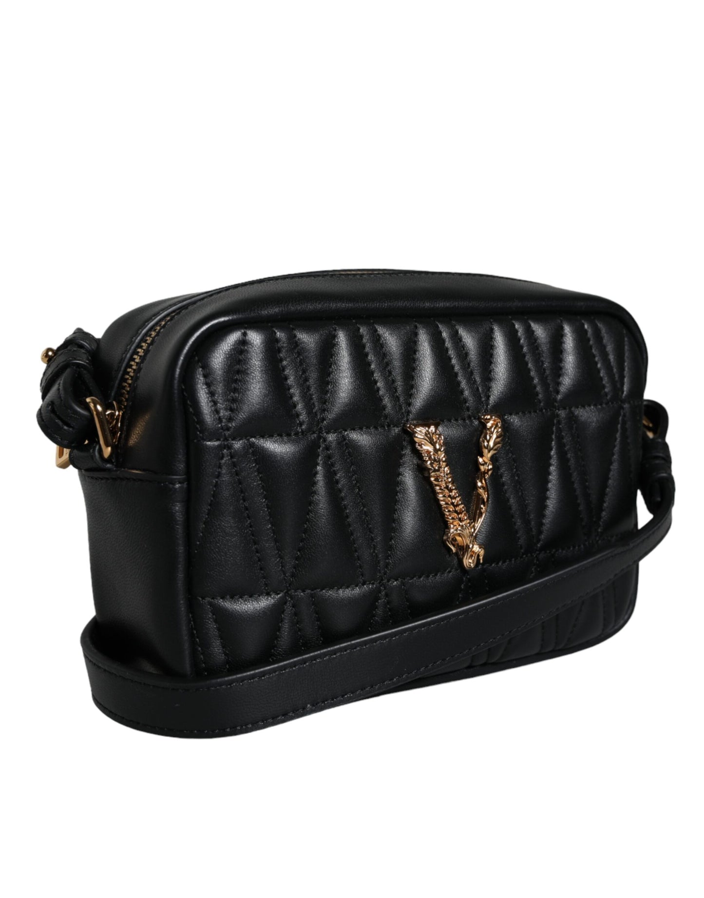 Versace Black Quilted Lamb Leather Camera Case Shoulder Bag