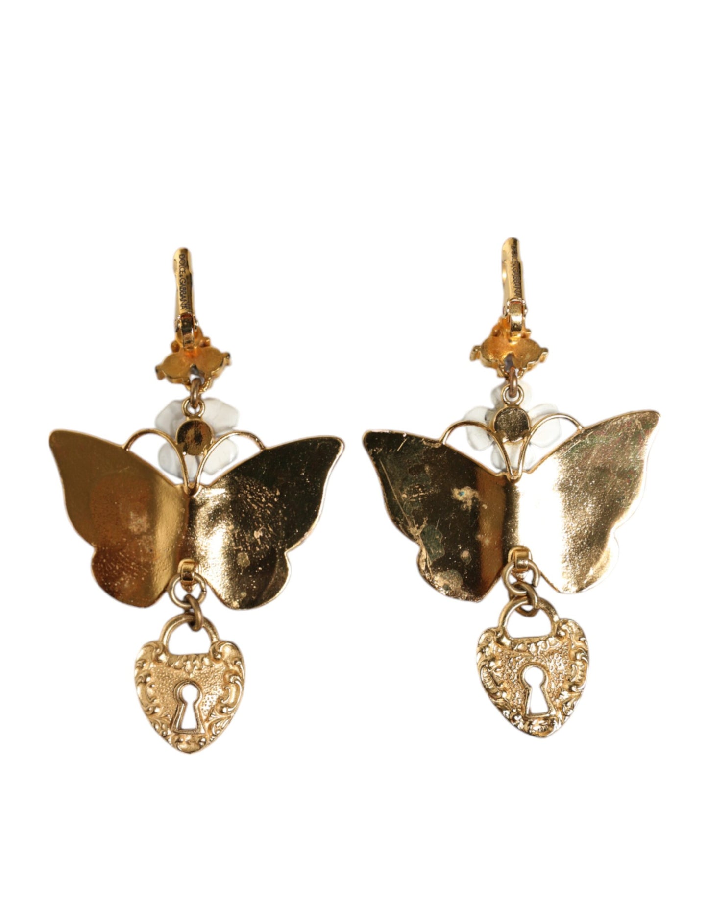 Dolce & Gabbana Gold Purple Crystal Butterfly Heart Locket Earrings