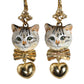 Dolce & Gabbana Gold Brass Heart Cat Crystal Pendant Clip Drop Earrings