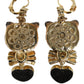 Dolce & Gabbana Gold Brass Heart Cat Crystal Pendant Clip Drop Earrings