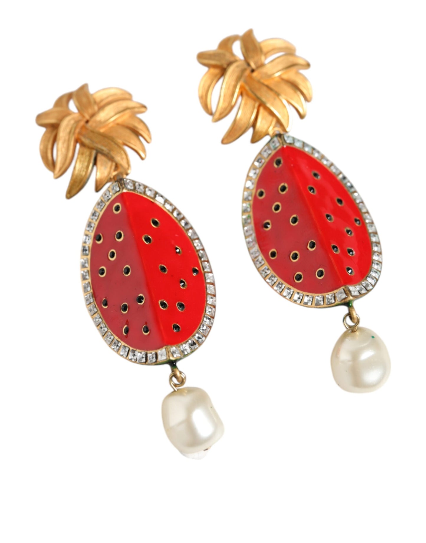 Dolce & Gabbana Red Watermelon Gold Brass Crystal Clip Dangling Earrings