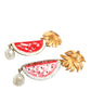 Dolce & Gabbana Red Watermelon Gold Brass Crystal Clip Dangling Earrings