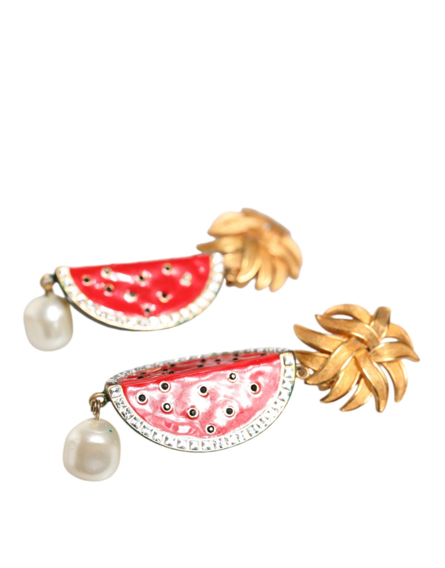 Dolce & Gabbana Red Watermelon Gold Brass Crystal Clip Dangling Earrings