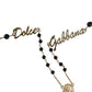 Dolce & Gabbana Gold Sterling Silver Black Beaded Rosary Chain Necklace