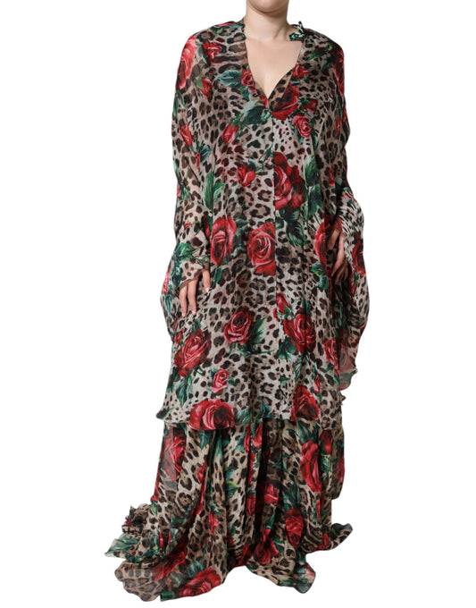 Dolce & Gabbana Brown Leopard Red Roses Silk Long Gown Dress