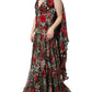 Dolce & Gabbana Brown Leopard Red Roses Silk Long Gown Dress