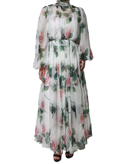 Dolce & Gabbana White Silk Floral Print Long Maxi Dress