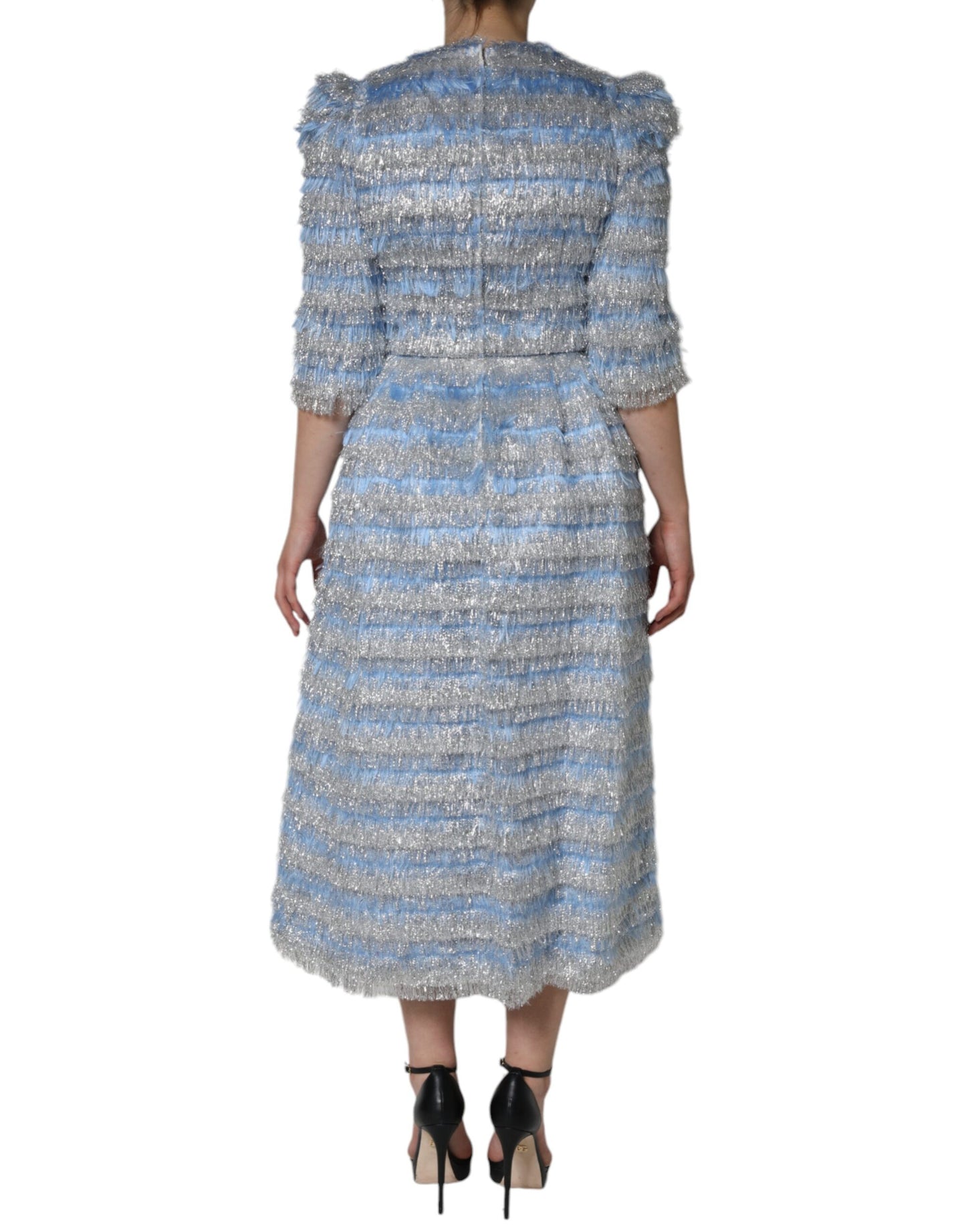 Dolce & Gabbana Light Blue Silver Jacquard A-line Midi Dress