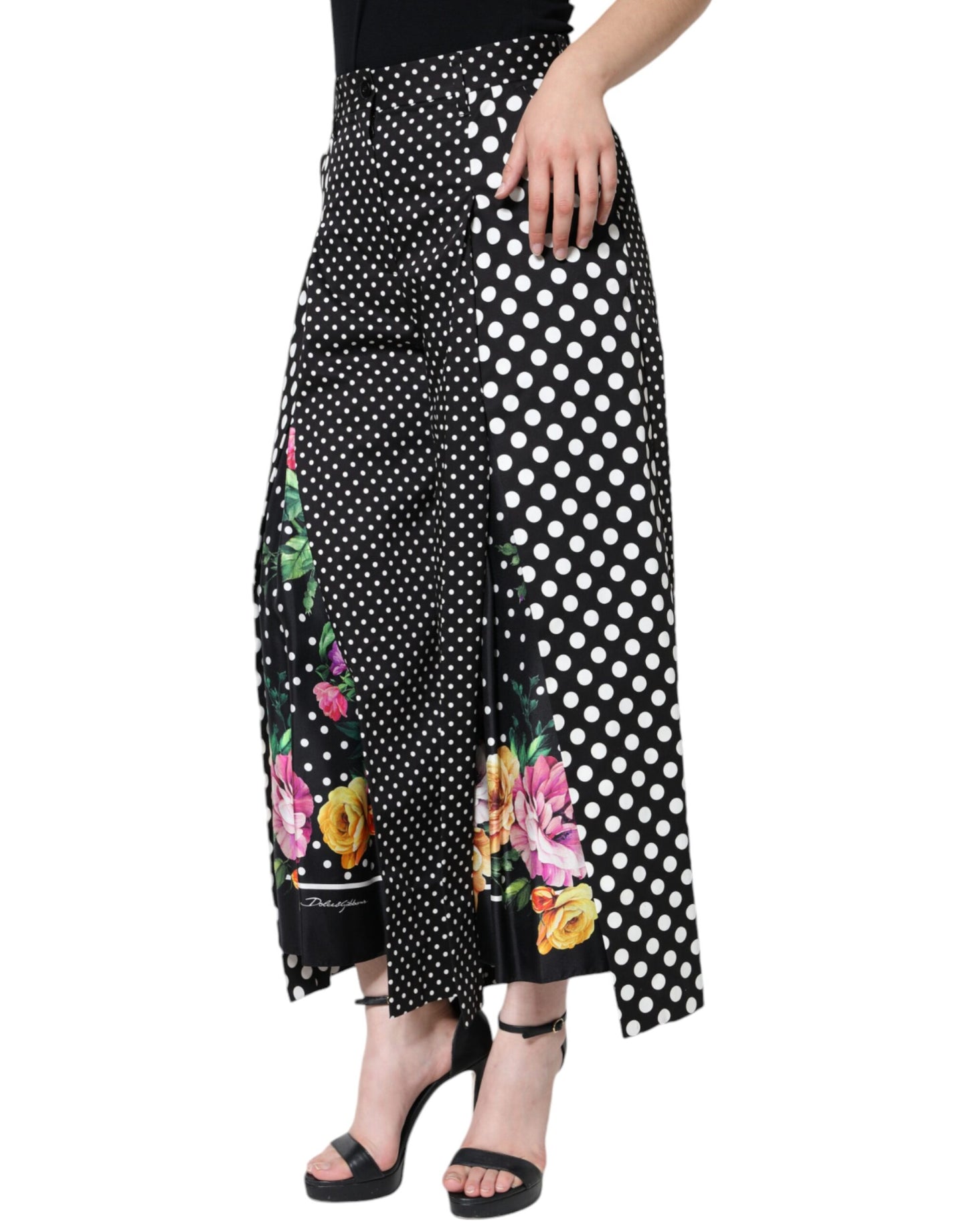 Dolce & Gabbana Black Patchwork High Waist Wide Leg Pants