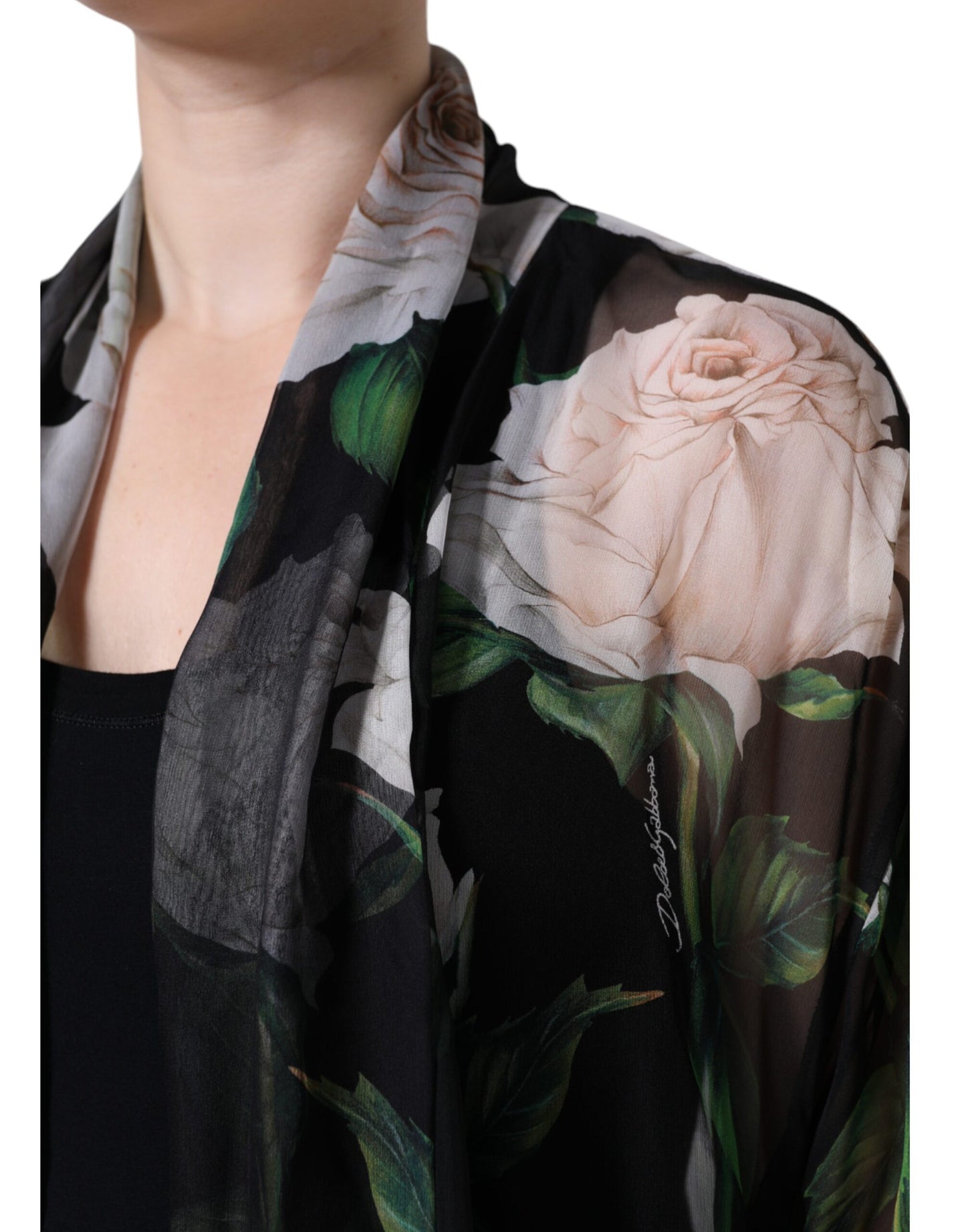 Dolce & Gabbana Black Floral Print Silk Cardigan Blouse Top