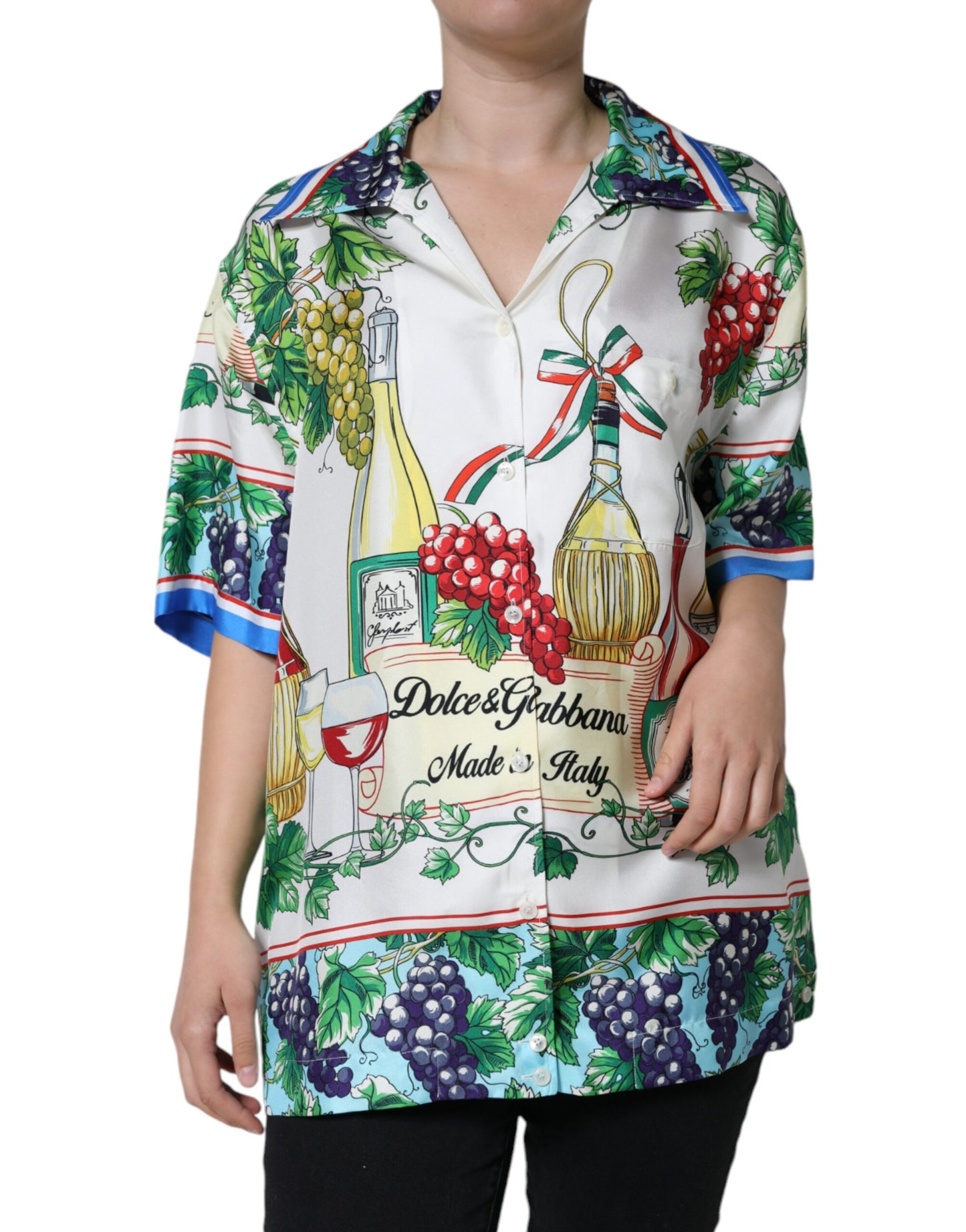 Dolce & Gabbana Multicolor Silk Wine Print Shirt Polo Top