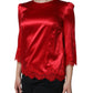 Dolce & Gabbana Red Satin Lace Trim Round Neck Blouse Top