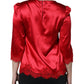 Dolce & Gabbana Red Satin Lace Trim Round Neck Blouse Top