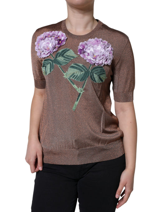 Dolce & Gabbana Brown Floral Applique Viscose Short Sleeve Top