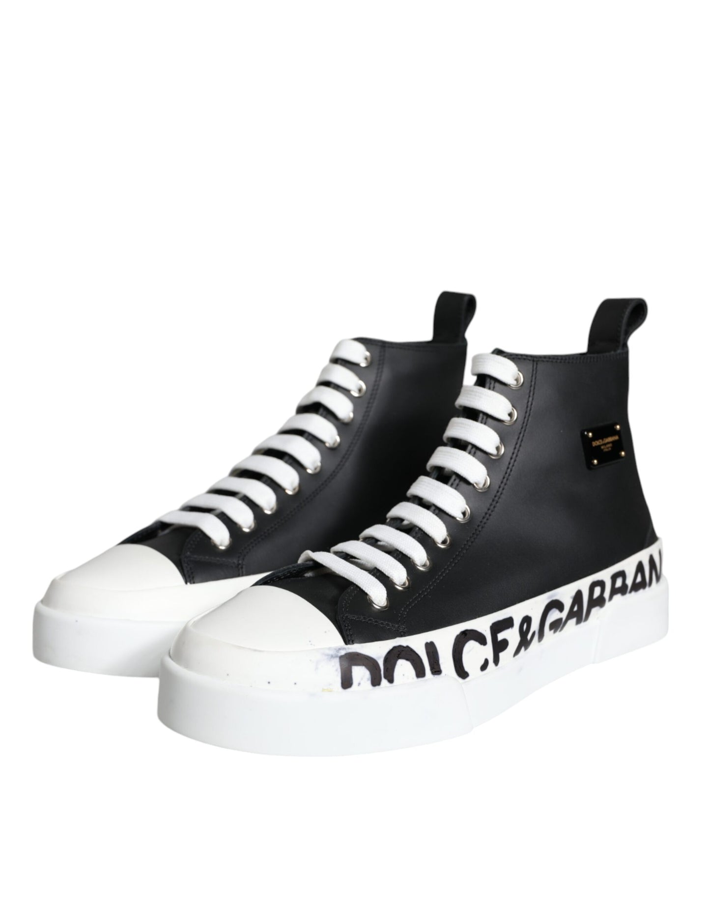 Dolce & Gabbana Black White Leather Mid Top Sneakers Shoes