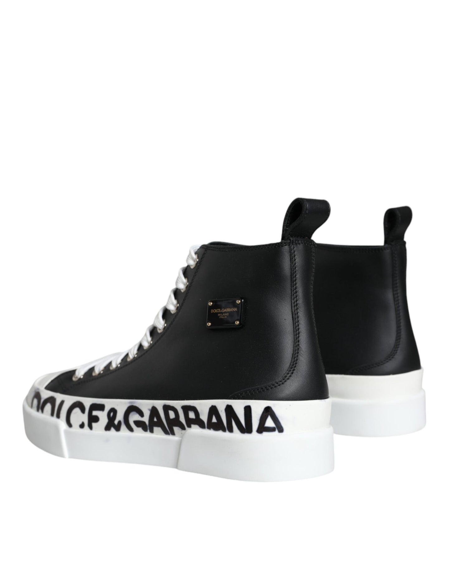 Dolce & Gabbana Black White Leather Mid Top Sneakers Shoes