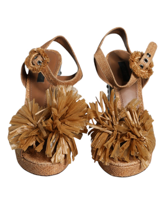 Dolce & Gabbana Brown Raffia Ankle Strap Crystal Sandals Shoes