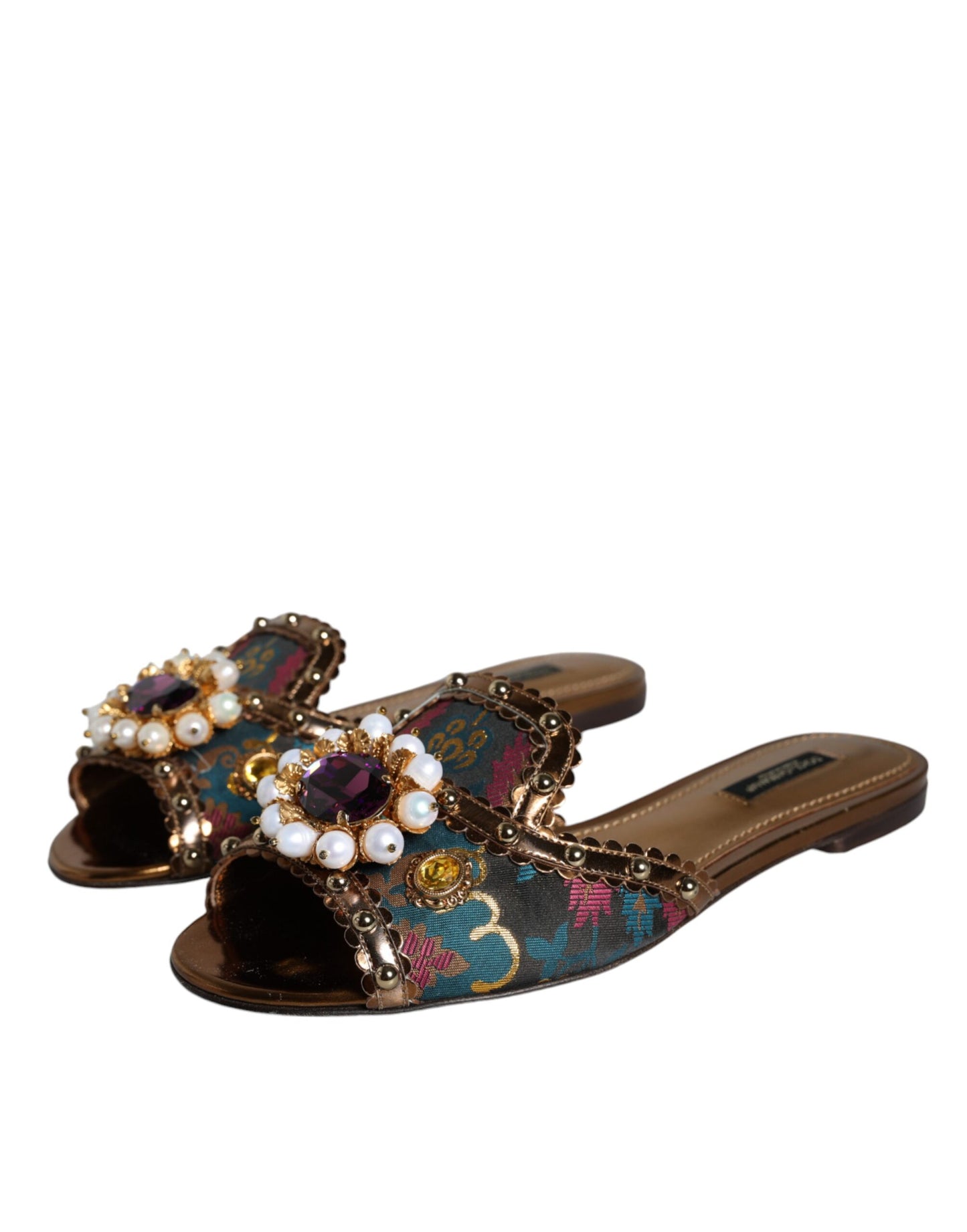 Dolce & Gabbana Multicolor Jacquard Embellished Slides Flats Shoes