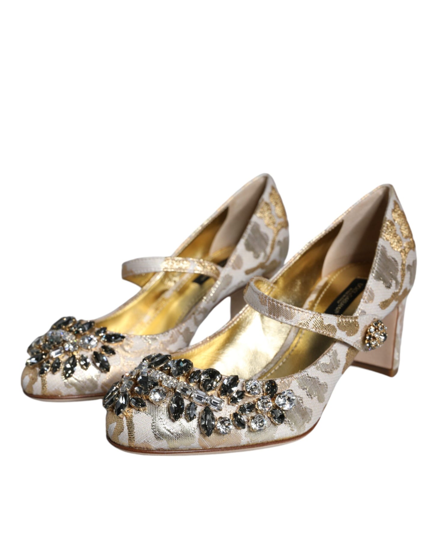 Dolce & Gabbana Gold Jacquard Crystal Mary Janes Pumps Shoes