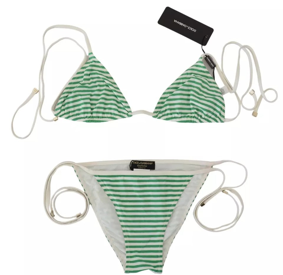 Dolce & Gabbana White Green Stripes Bikini Top Bottom Swimwear