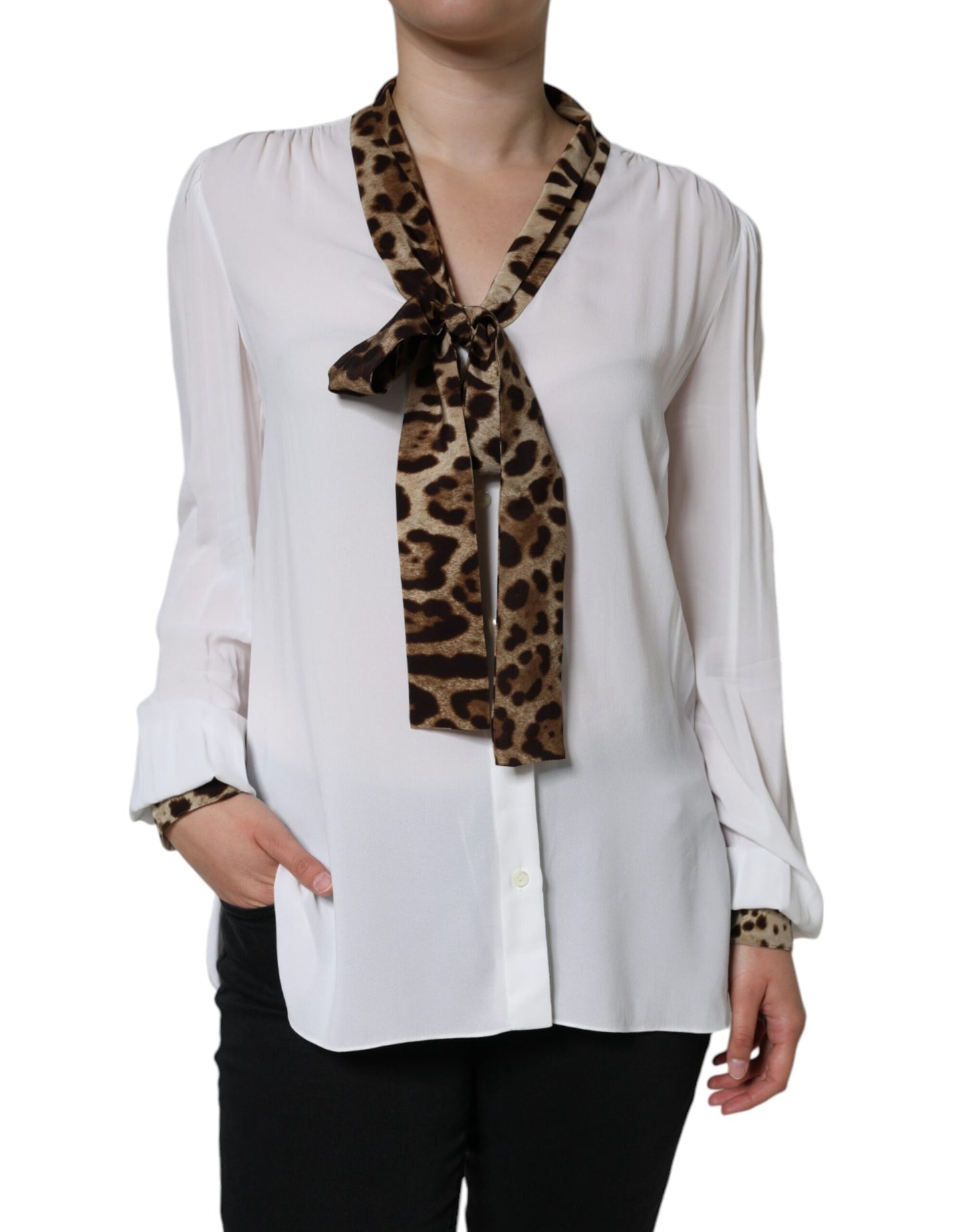 Dolce & Gabbana White Ascot Collar Long Sleeve Top Blouse