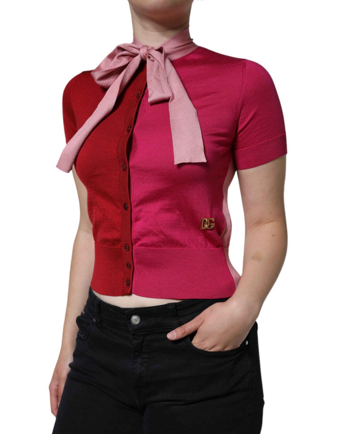 Dolce & Gabbana Pink Short Sleeves Pullover Ascot Collar Top