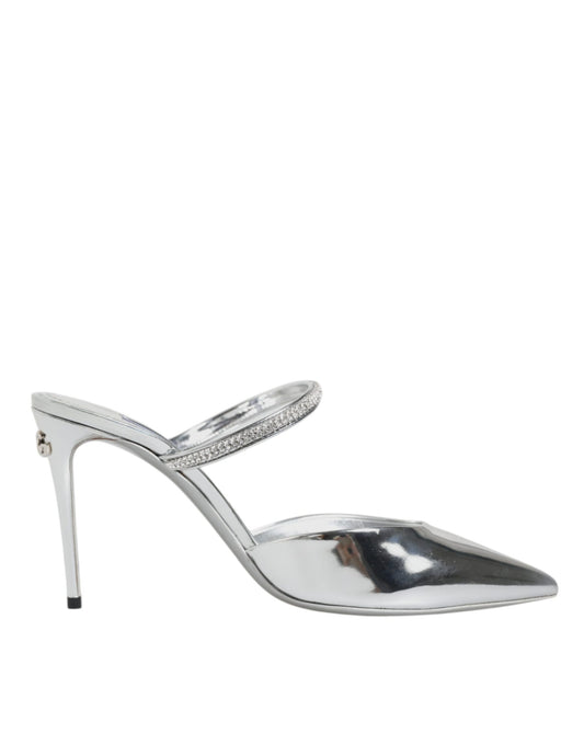 Dolce & Gabbana Silver Leather Slip On Heels Sandals Shoes