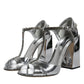 Dolce & Gabbana Silver Leather T-strap Heels Sandals Shoes