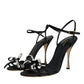 Dolce & Gabbana Black Leather Crystal Bow Heels Sandals Shoes