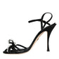 Dolce & Gabbana Black Leather Crystal Bow Heels Sandals Shoes