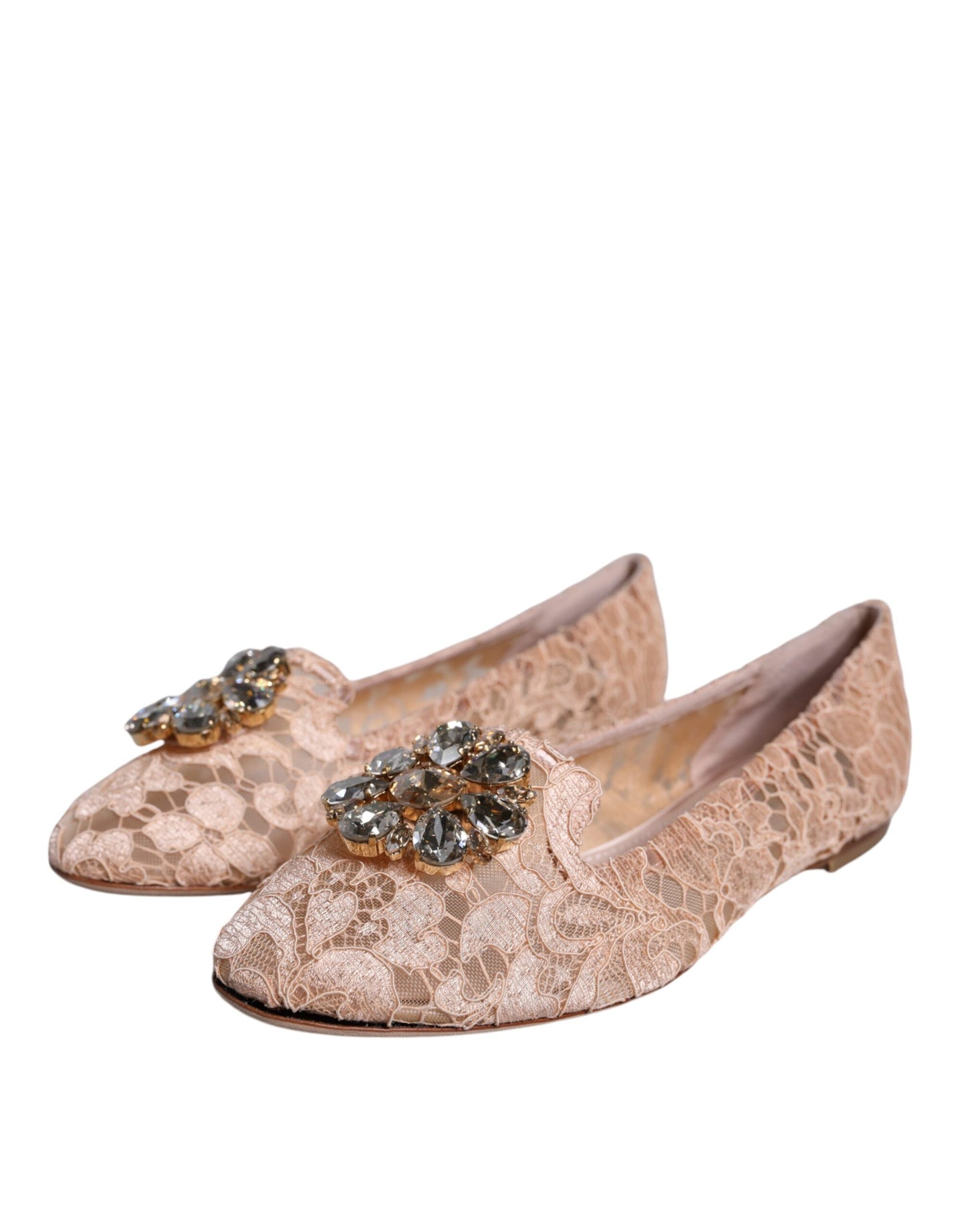 Dolce & Gabbana Beige Lace Crystal Ballet Flats Loafers Shoes