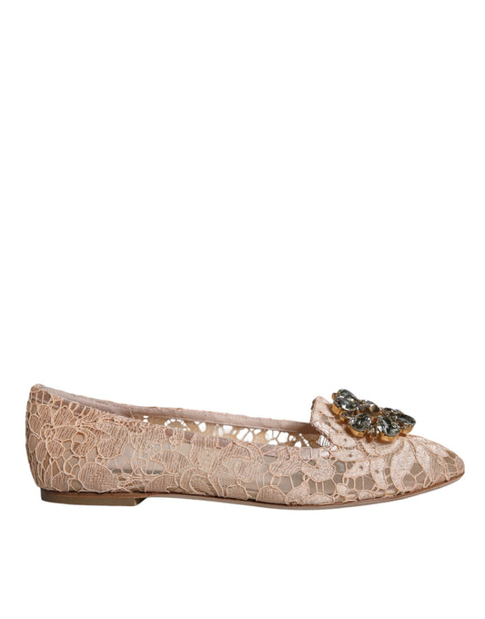 Dolce & Gabbana Beige Lace Crystal Ballet Flats Loafers Shoes