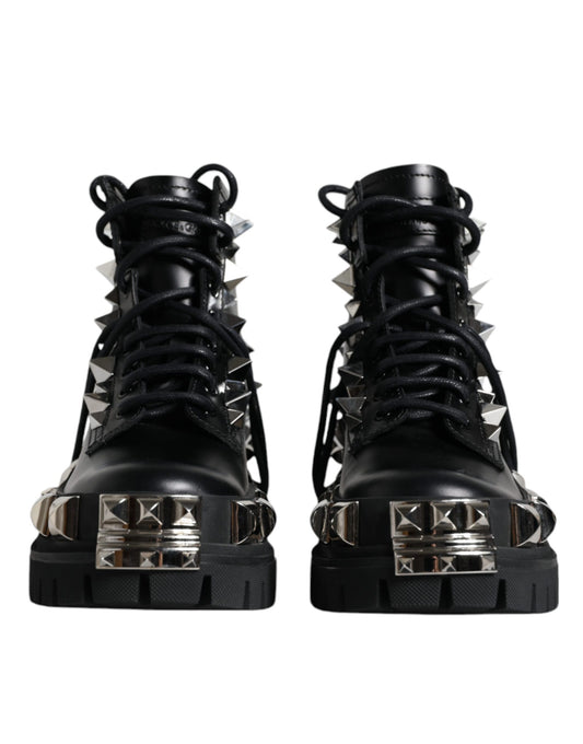 Dolce & Gabbana Black Leather Studded Trekking Boots Shoes