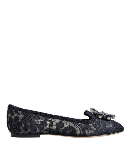 Dolce & Gabbana Blue Taormina Lace Crystals Flats Shoes