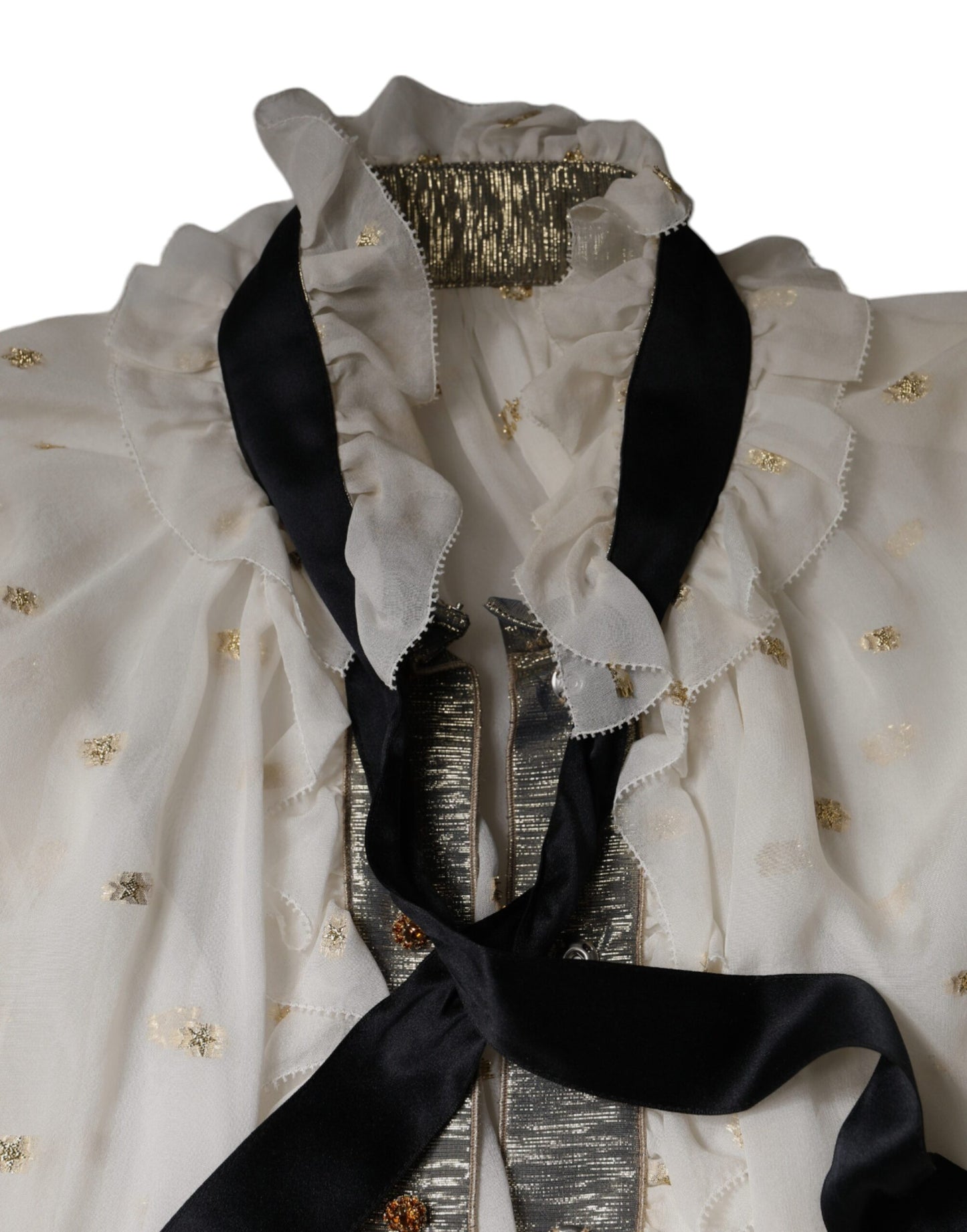 Dolce & Gabbana Off White Silk Blend Ascot Collar Blouse Top