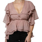 Alberta Ferretti Brown Silk Short Sleeves V-neck Pleated Top