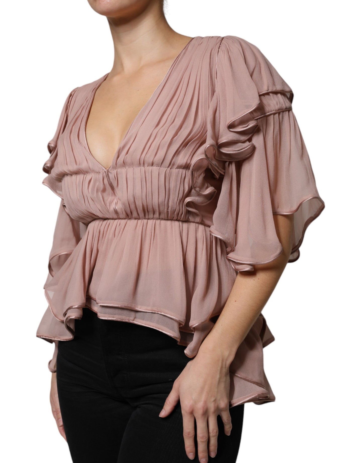 Alberta Ferretti Brown Silk Short Sleeves V-neck Pleated Top