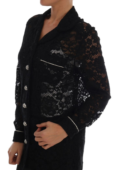 Dolce & Gabbana Elegant Black Floral Lace Crystal Shirt Blouse