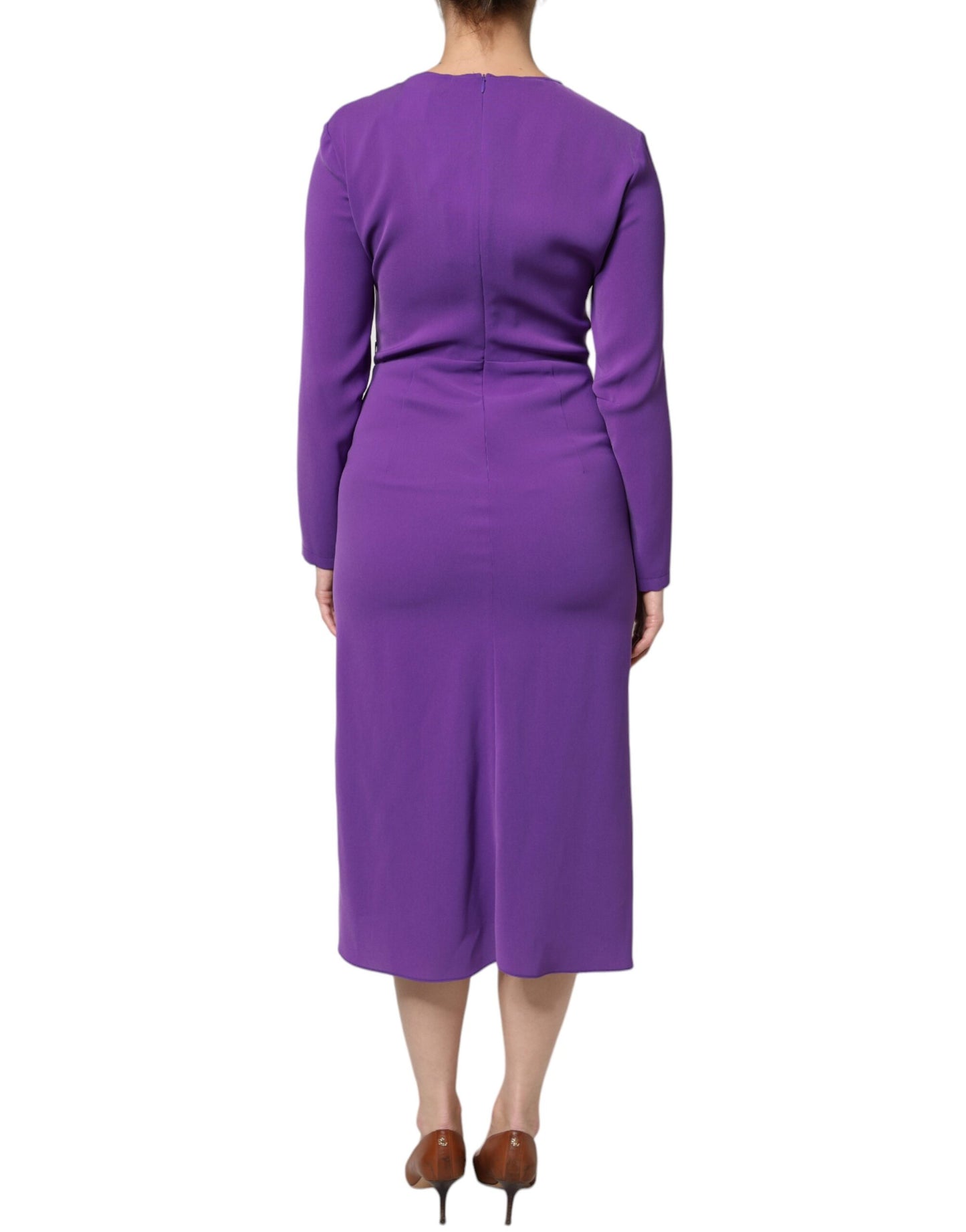 Max Mara Studio Purple Long Sleeves V-neck Sheath Midi Dress