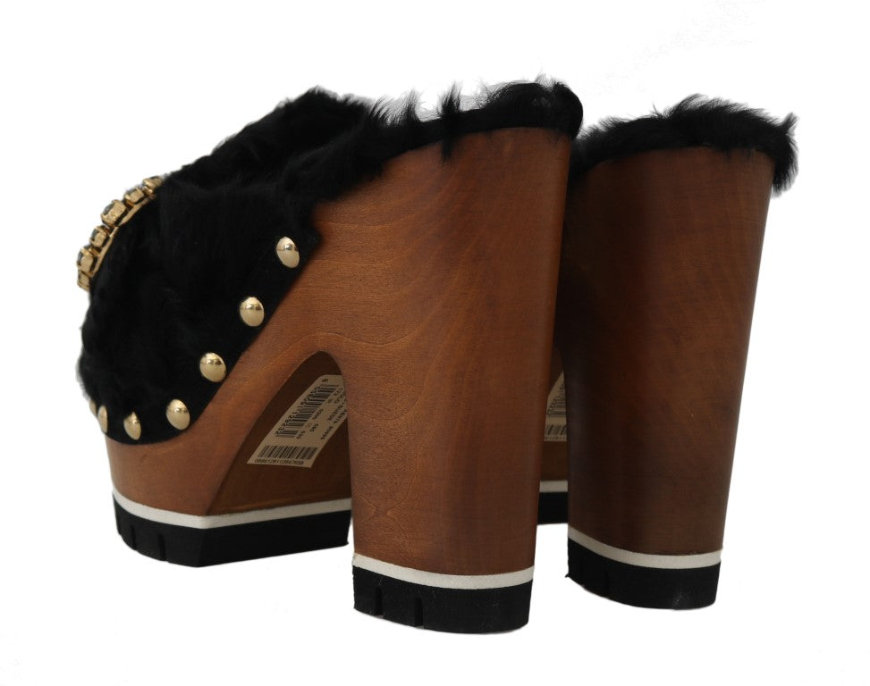 Dolce & Gabbana Black Lamb Fur Suede Slides with Crystal Studs