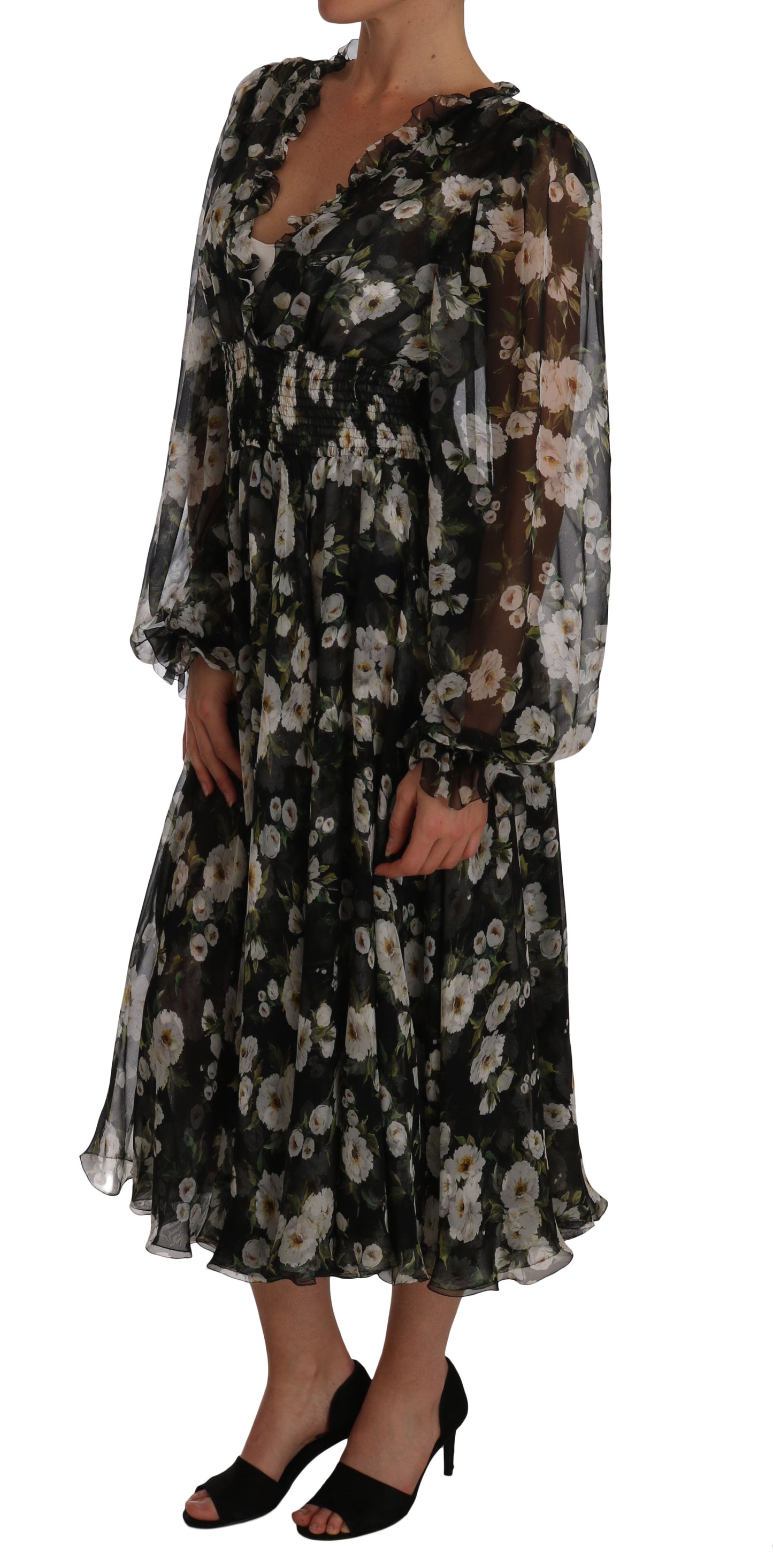 Dolce & Gabbana Black Floral Silk Midi Dress with Luxe Craftsmanship