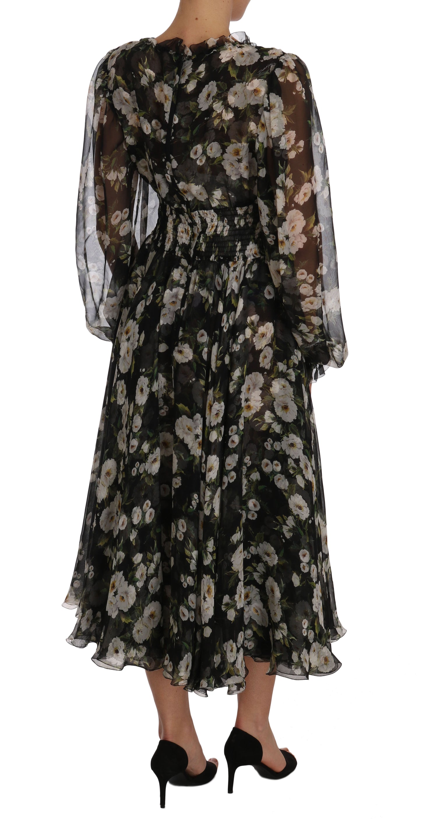 Dolce & Gabbana Black Floral Silk Midi Dress with Luxe Craftsmanship