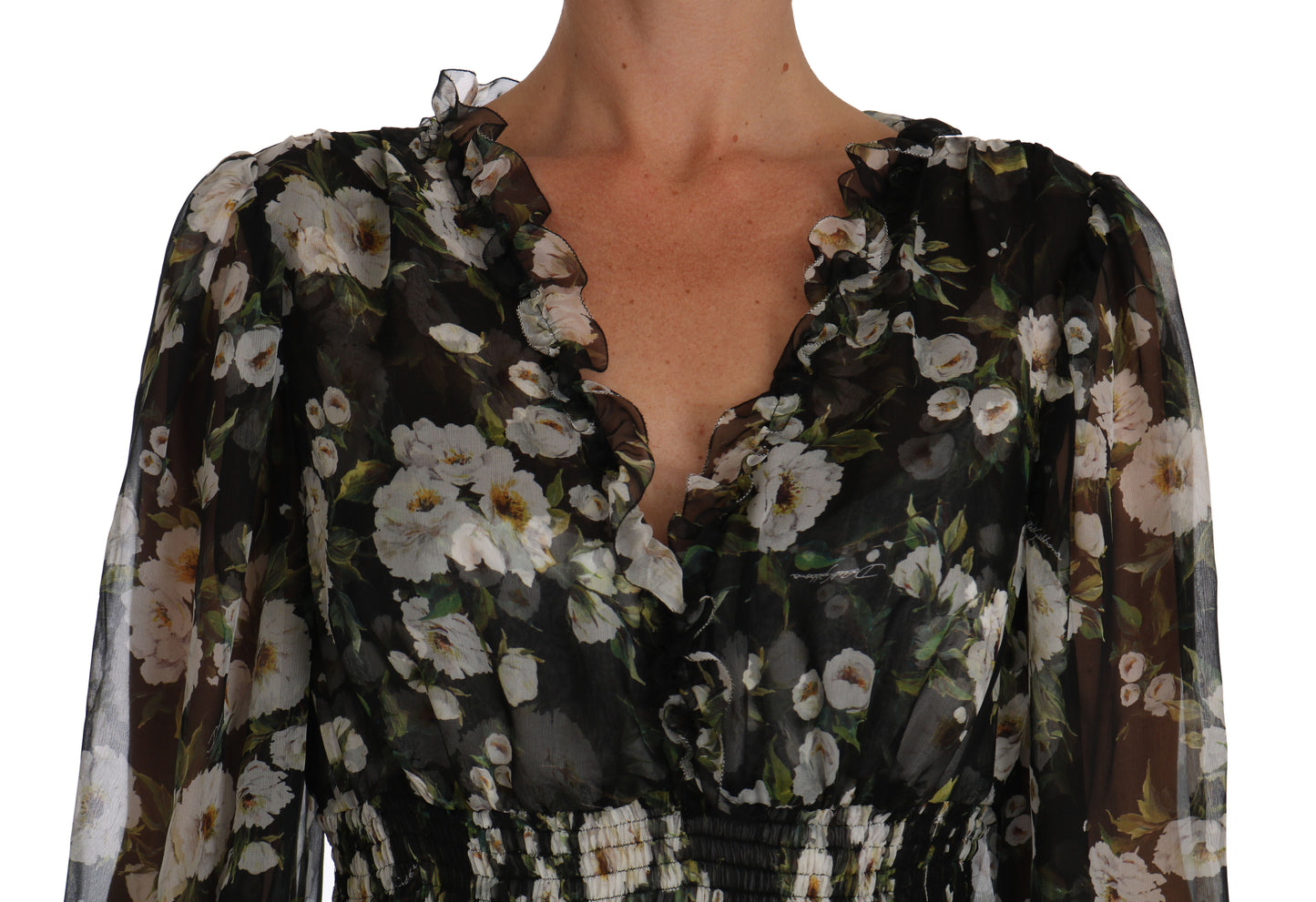 Dolce & Gabbana Black Floral Silk Midi Dress with Luxe Craftsmanship