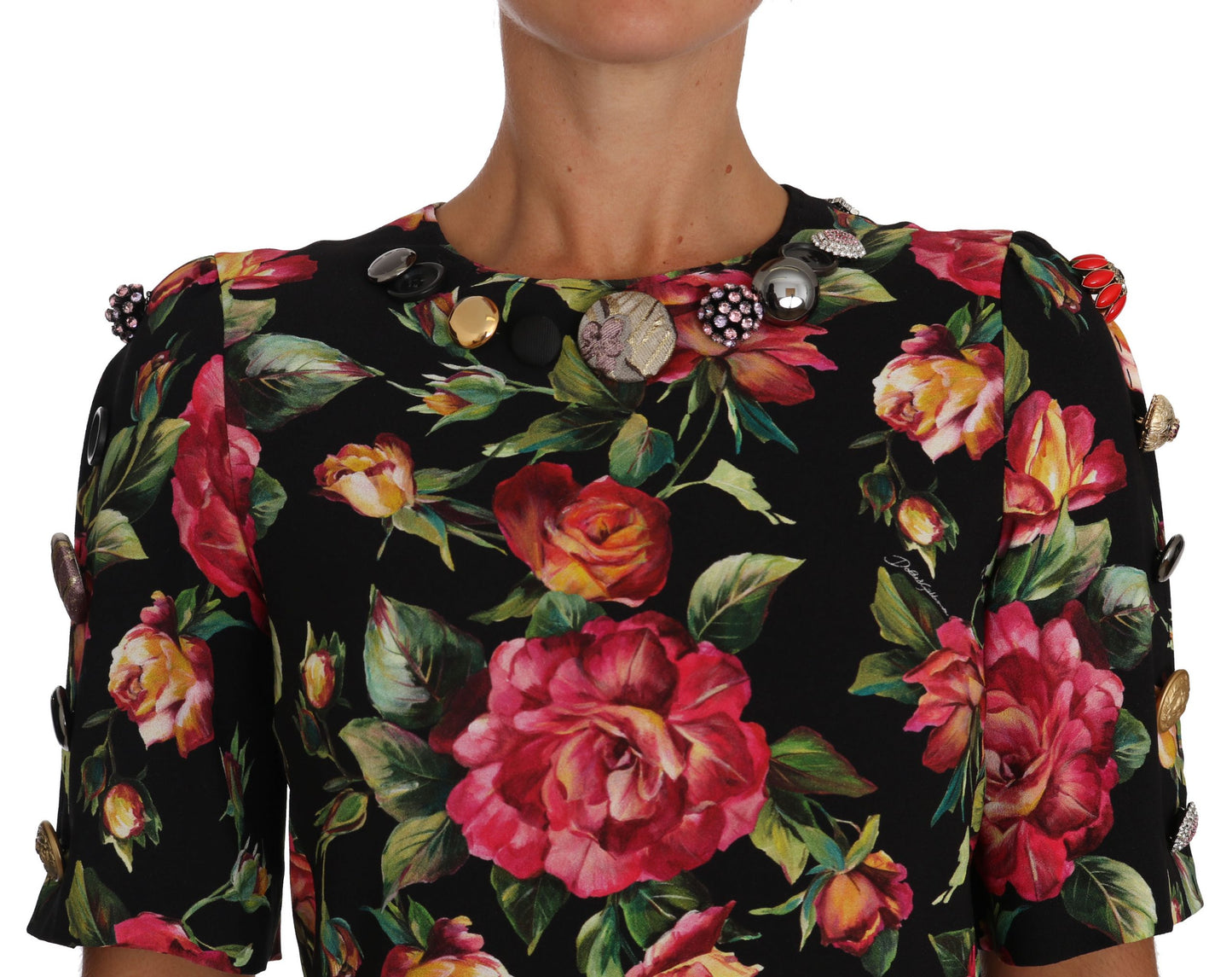 Dolce & Gabbana Elegant Floral Sheath Dress with Crystal Buttons