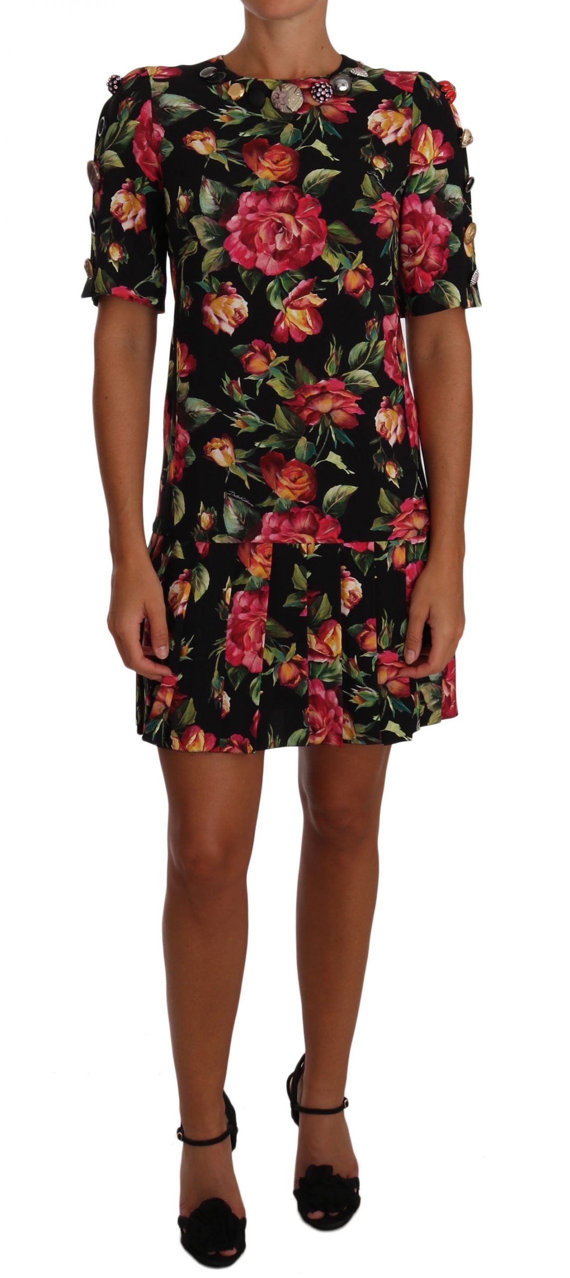 Dolce & Gabbana Elegant Floral Sheath Dress with Crystal Buttons