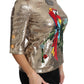 Dolce & Gabbana Gold Parrot Motif Crewneck Blouse with Crystals