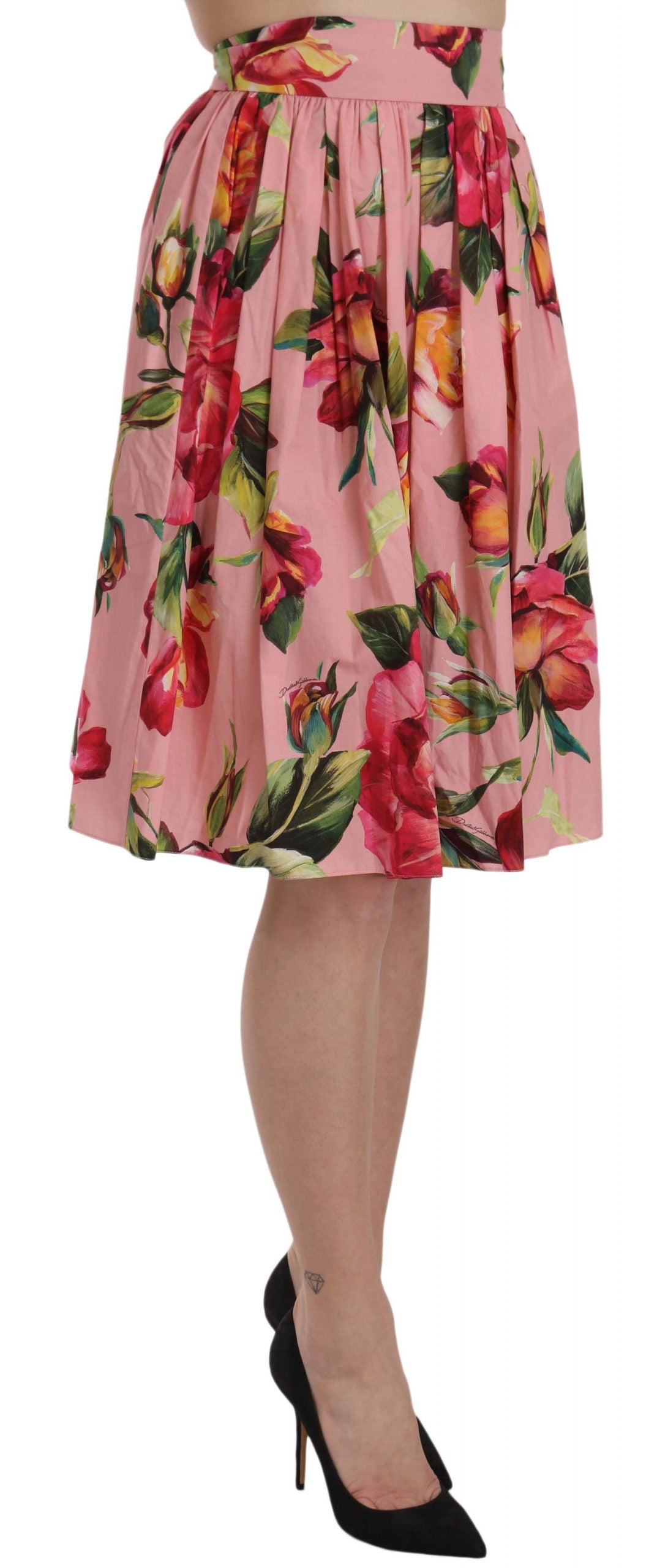 Dolce & Gabbana Elegant Pink Rose Print Flare Skirt