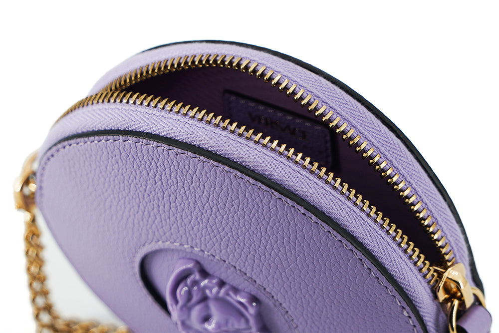 Versace Elegant Round Mini Shoulder Bag in Lustrous Purple