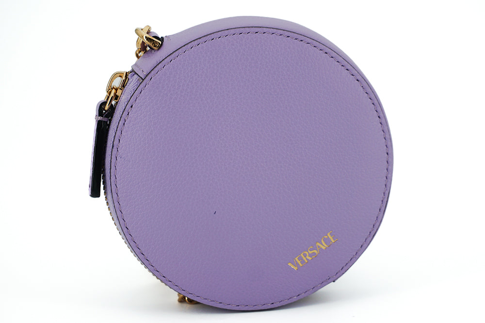 Versace Elegant Round Mini Shoulder Bag in Lustrous Purple